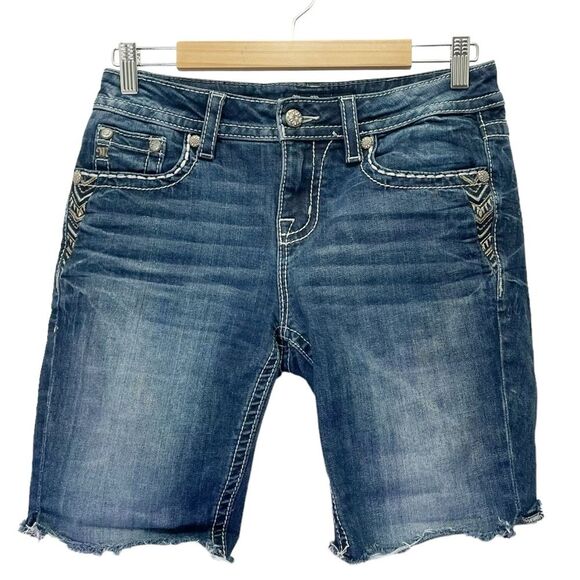 Miss Me Mid-Rise Mid Length Shorts Medium Wash Bling Cut-off Jean Shorts Size 28 - Picture 12 of 13